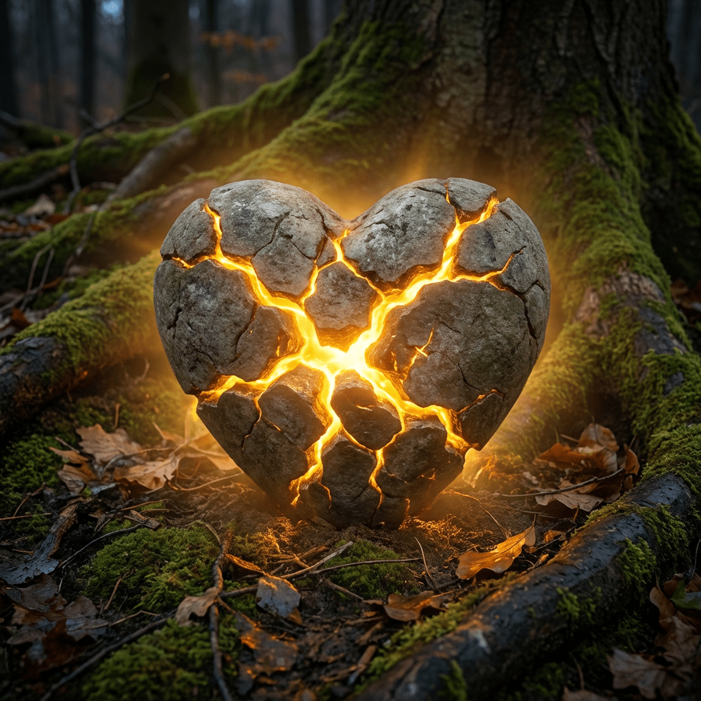 A heart-shaped stone with golden light radiating through its cracks sits in a forest.