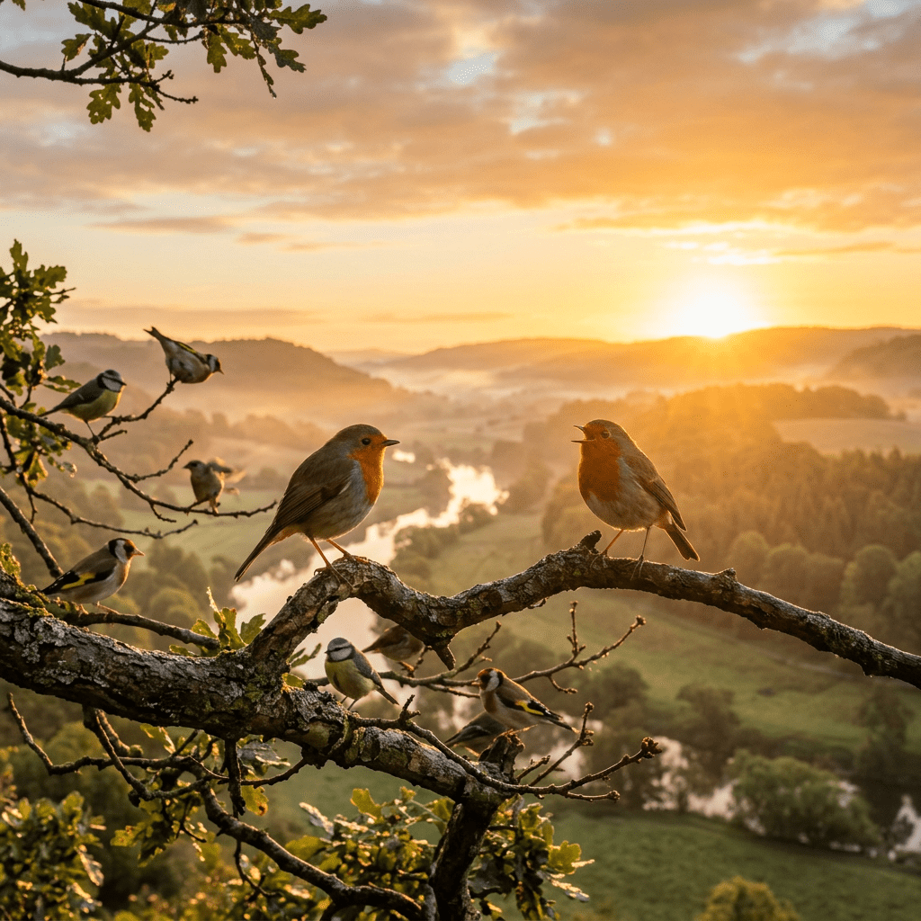 Various small birds perched on tree branches singing with sunrise over misty valley and river in background
